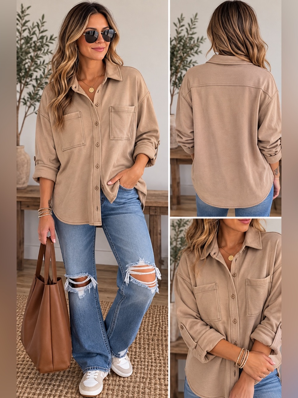 NWT RD Style Oversized Button-Up Shirt Jacket in Taupe Size Medium